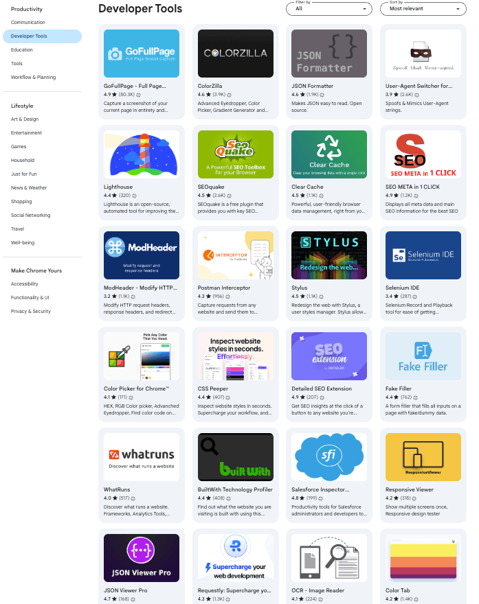 Source page for Chrome Web Store category listings